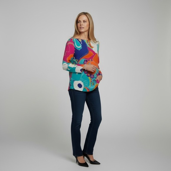 Trina Turk Tops - Trina Turk Silk Blouse Womens Medium Multicolored Floral Boat Neck Top